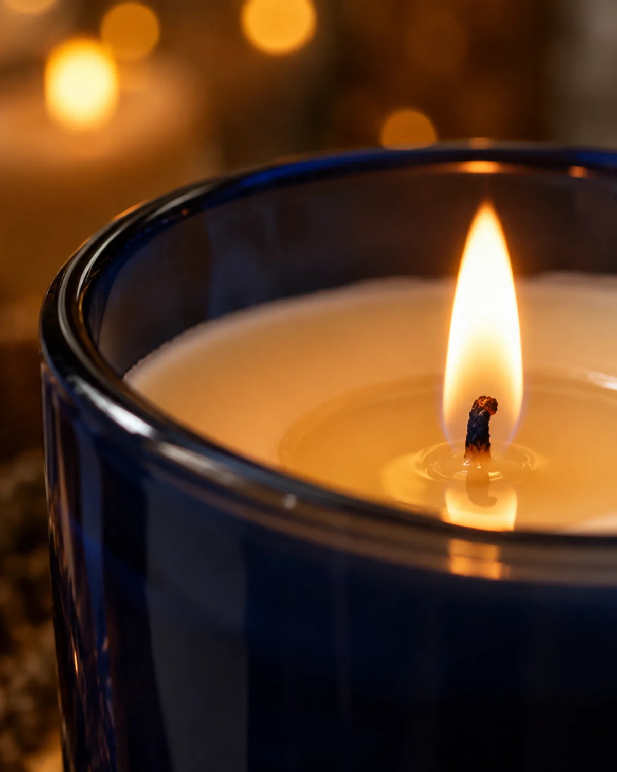 Close-up of a lit candle flame and melted wax pool in a navy glass jar