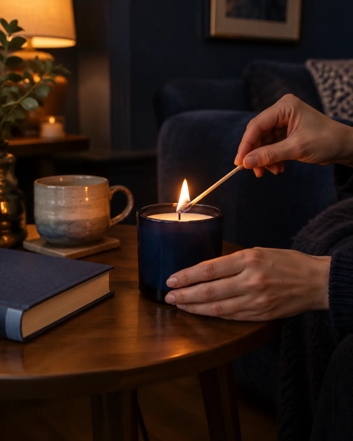 Hands lighting a candle in a navy glass jar on a wooden side table beside a book and a mug