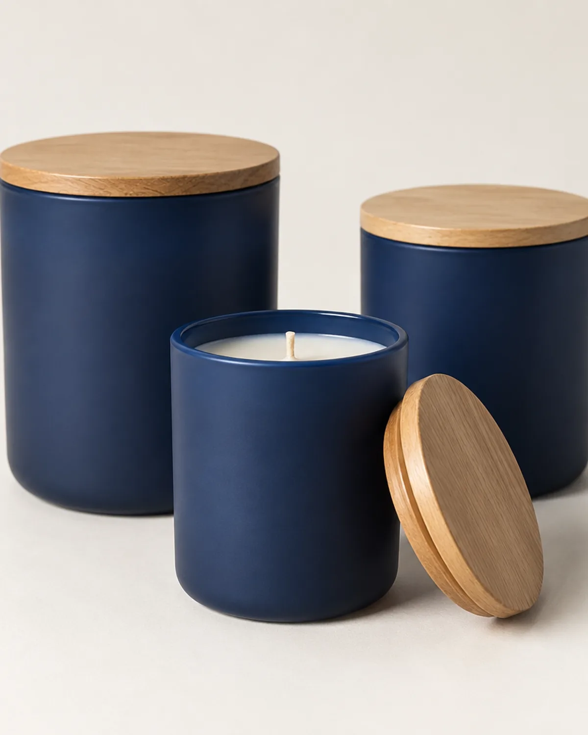 Three soy wax candles in matte navy glass jars with wooden lids on a warm white background